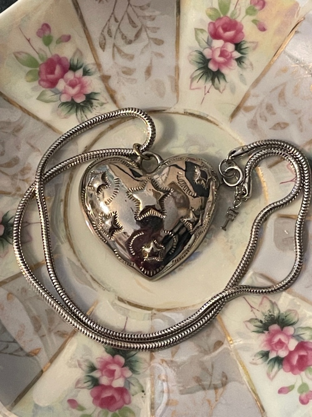 Vintage Trifari Celestial Star Puffy Heart Pendant on Crown Trifari Snake Chain